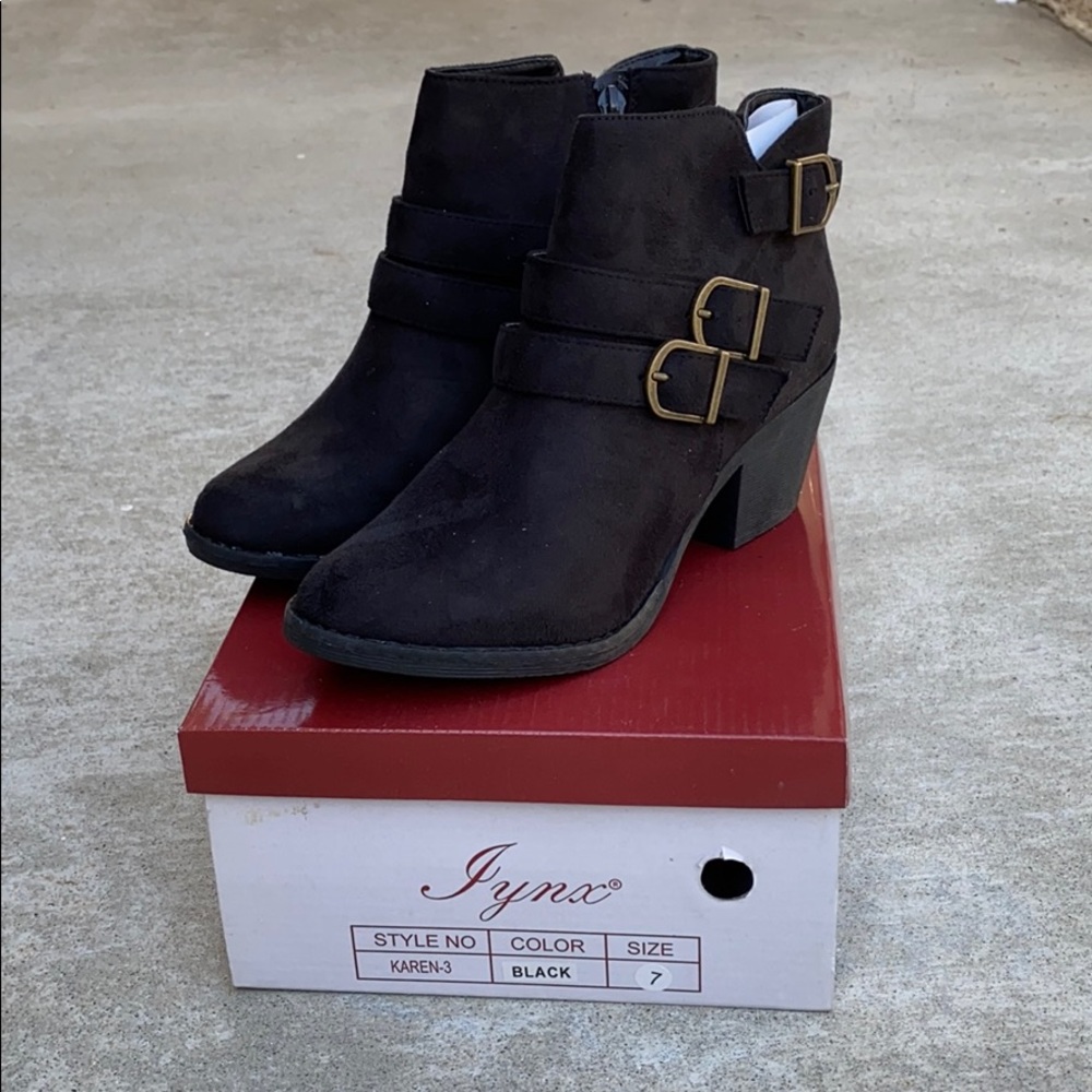Gold buckle black suede bootie